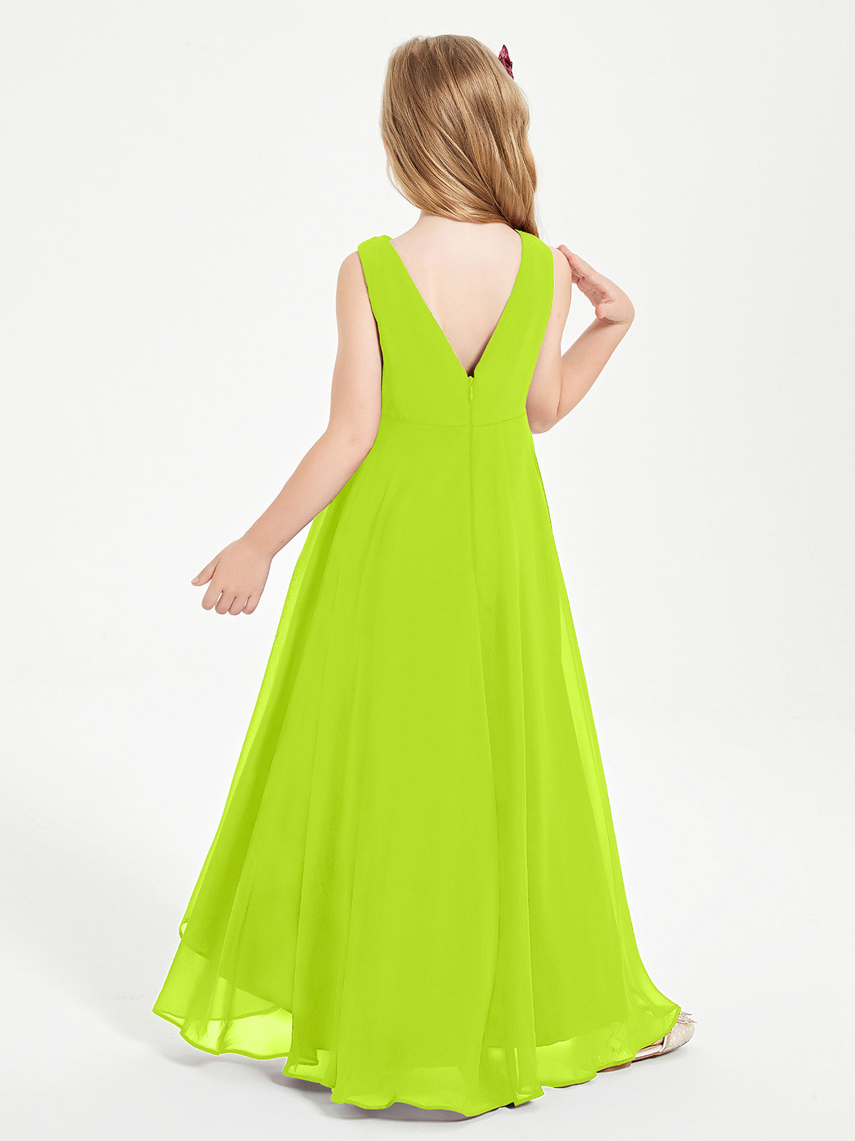 Modern Asymmetrical Cowl Neck Junior Bridesmaid Dresses Lime Green